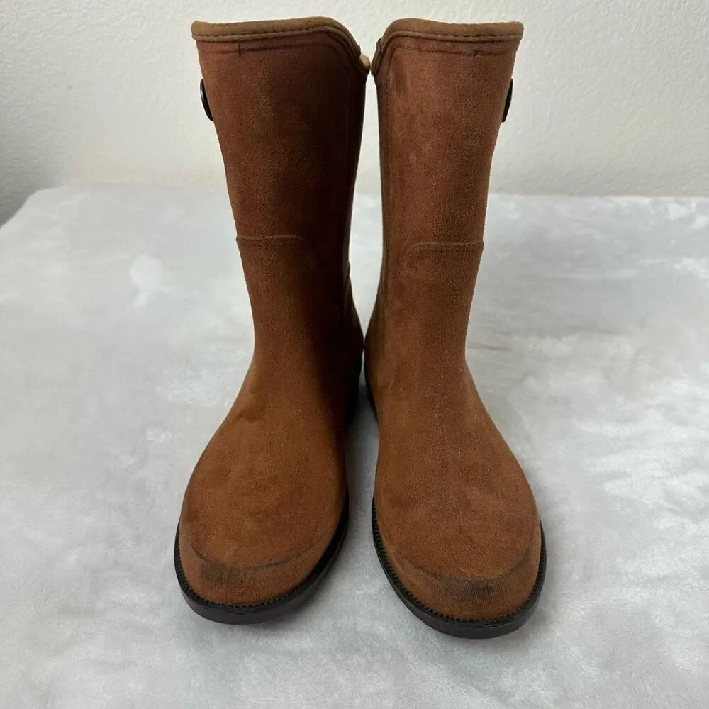 Ulan Women's 8 Fabric Touch Rain Boots Brown Mid Calf‎ Chunky Lug Sole Outdoor